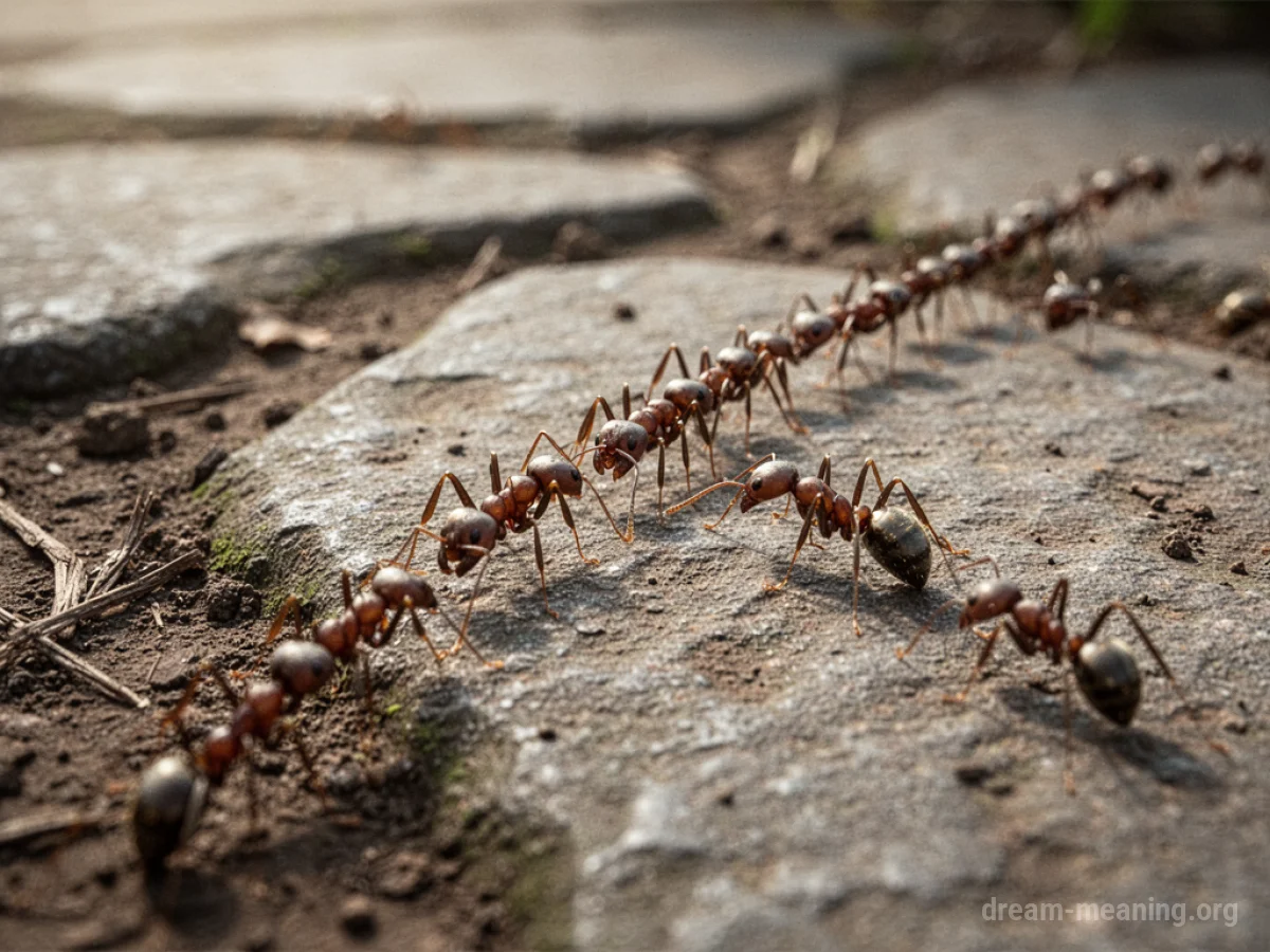 A single file line of ants moving across a surface.
