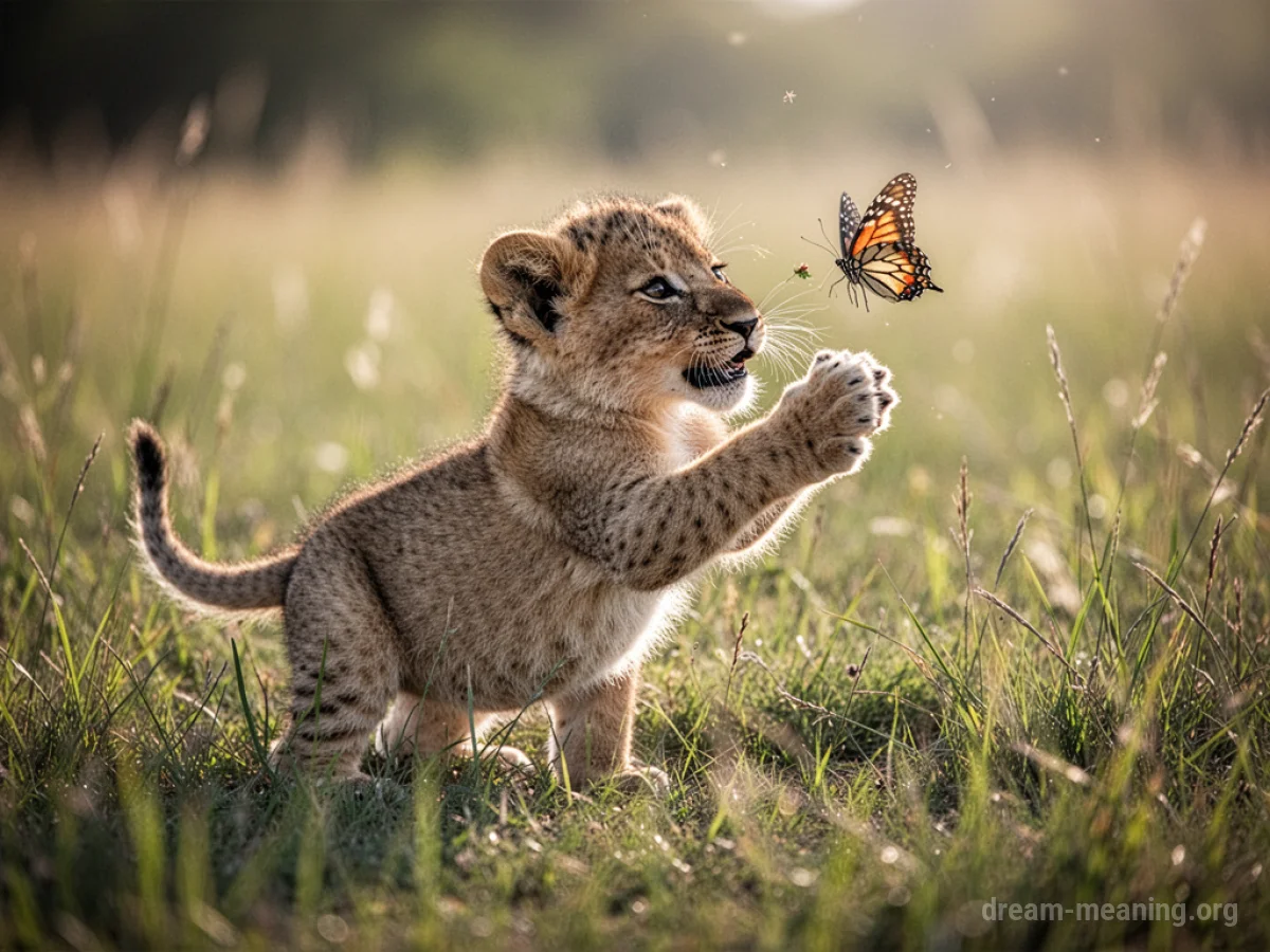 A young lion cub with its head tilted, looking at a butterfly.