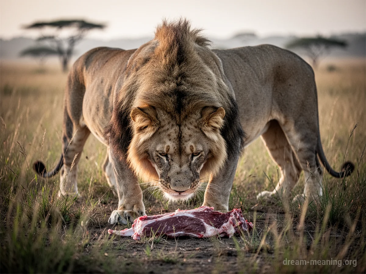 A lion is shown from behind, with its head down towards food on the ground.