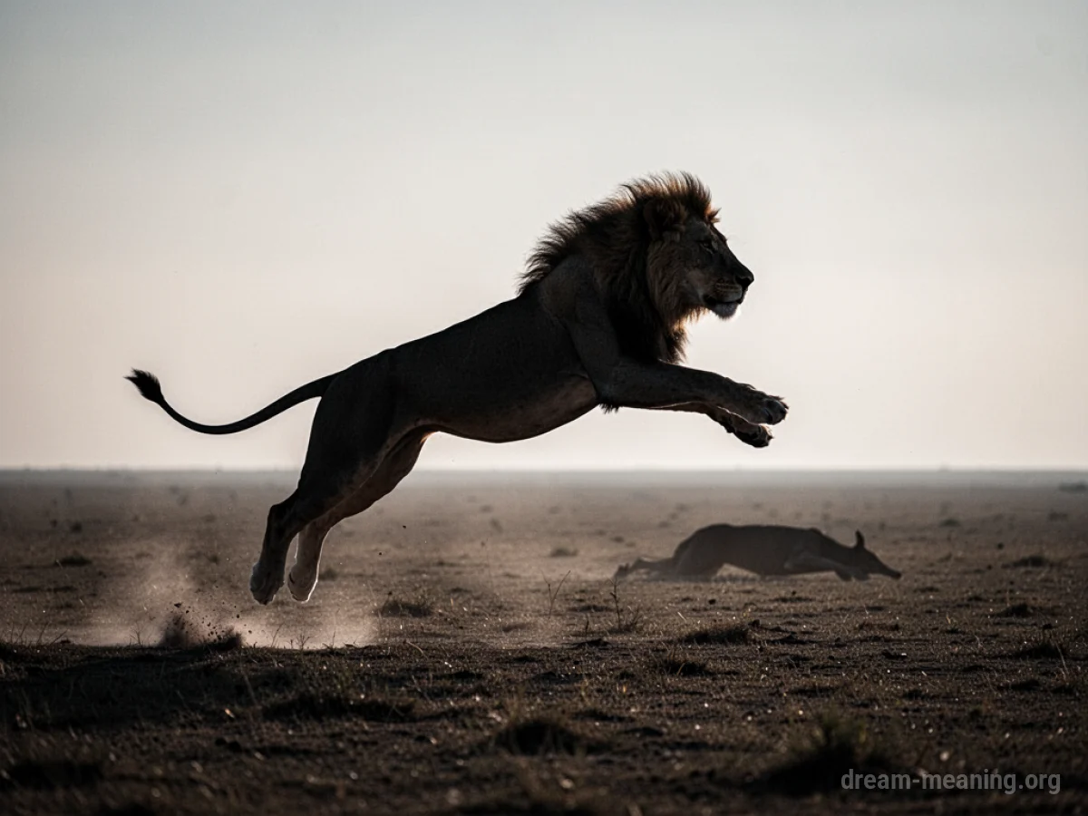 Silhouette of a lion hunting in a savanna landscape.