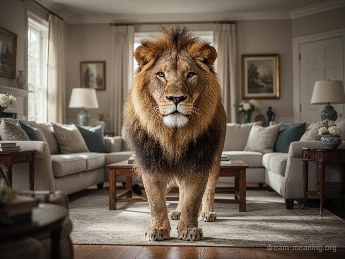 A lion stands inside a domestic living room.