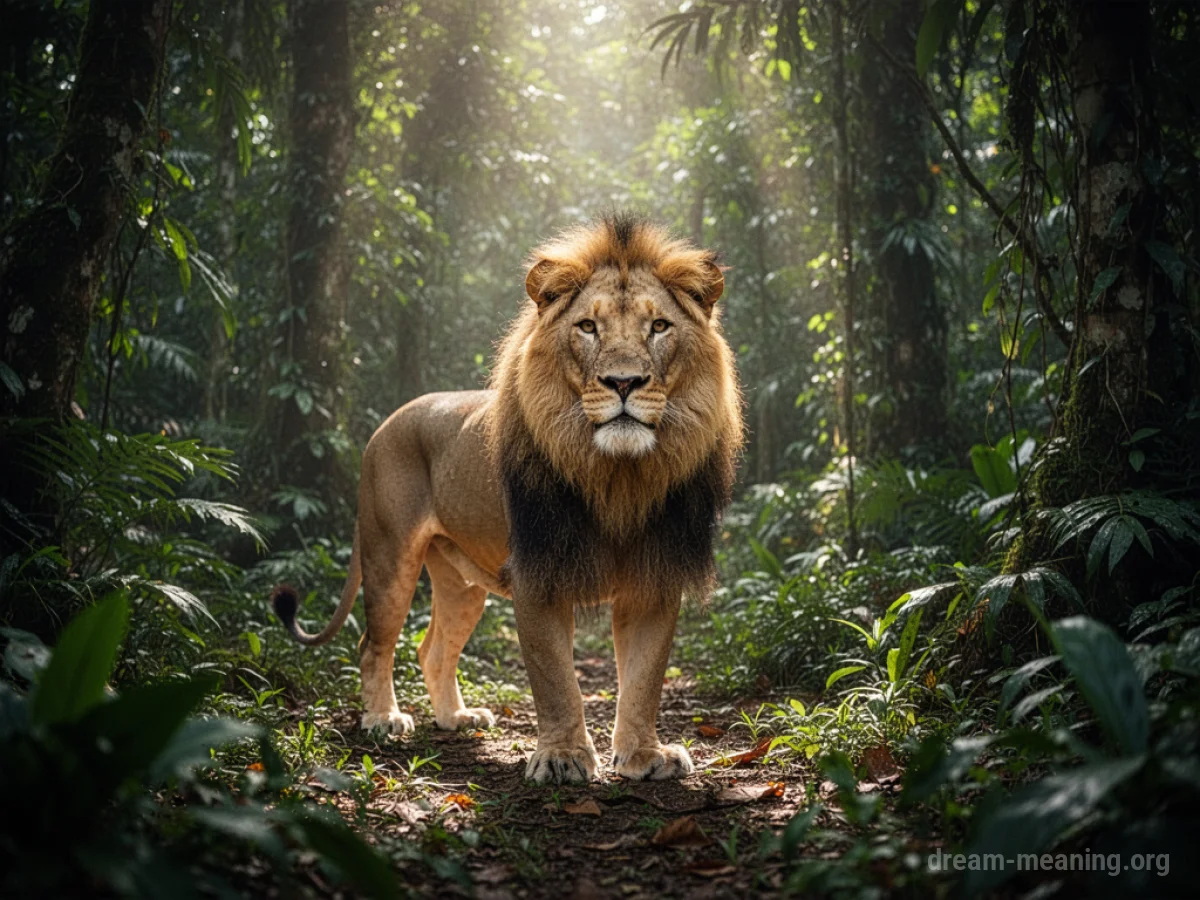 A lion stands in a dense jungle.
