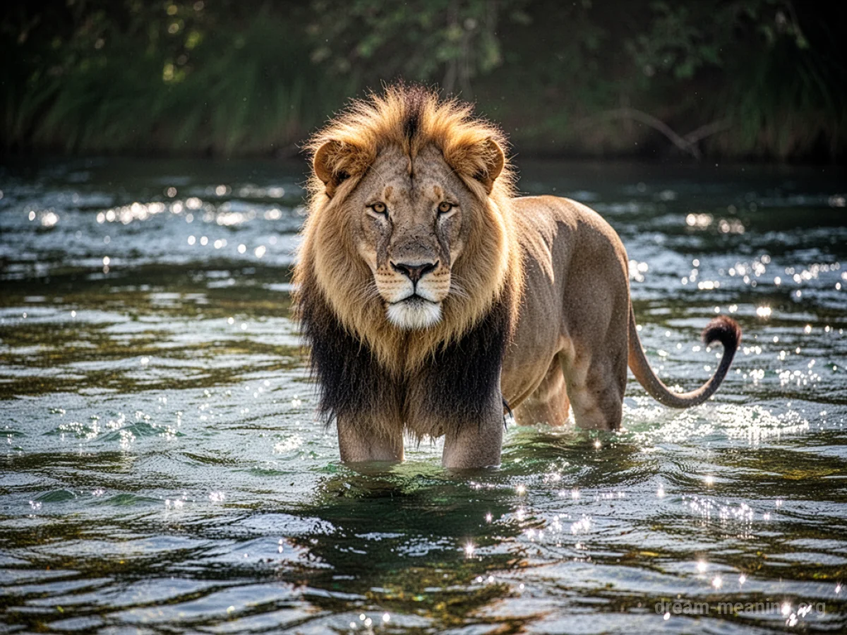 A lion standing in flowing water.