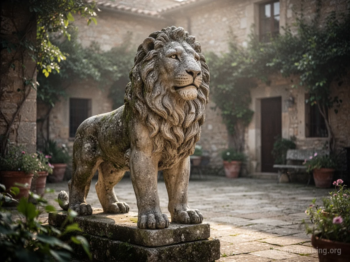 A stone lion statue in a courtyard.