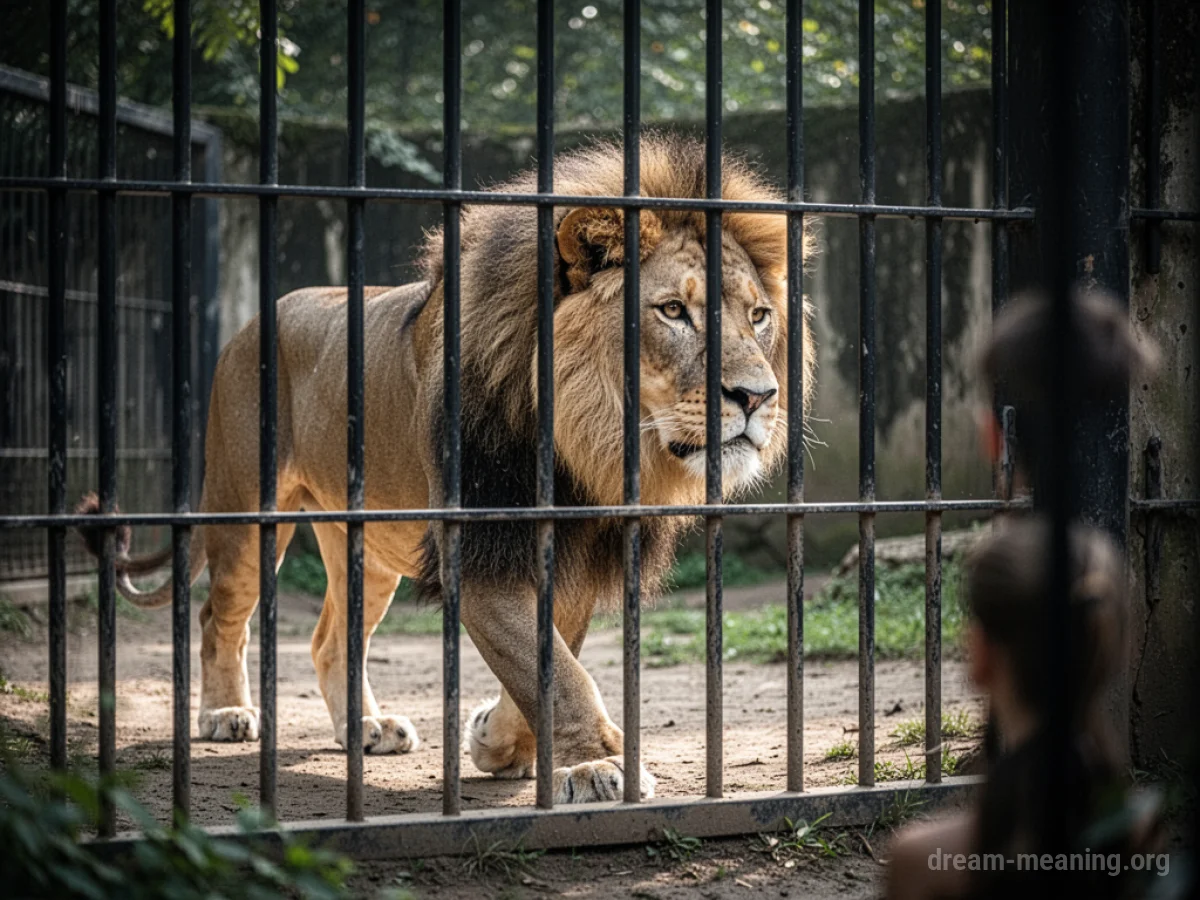 A lion behind zoo enclosure bars.