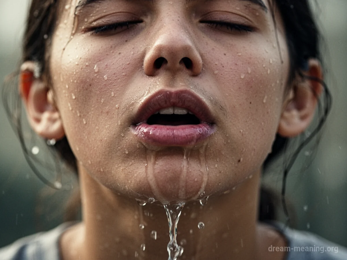 A person's face with liquid flowing out of their open mouth.