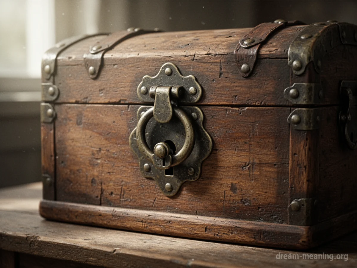 A closed wooden chest secured with a metal lock.