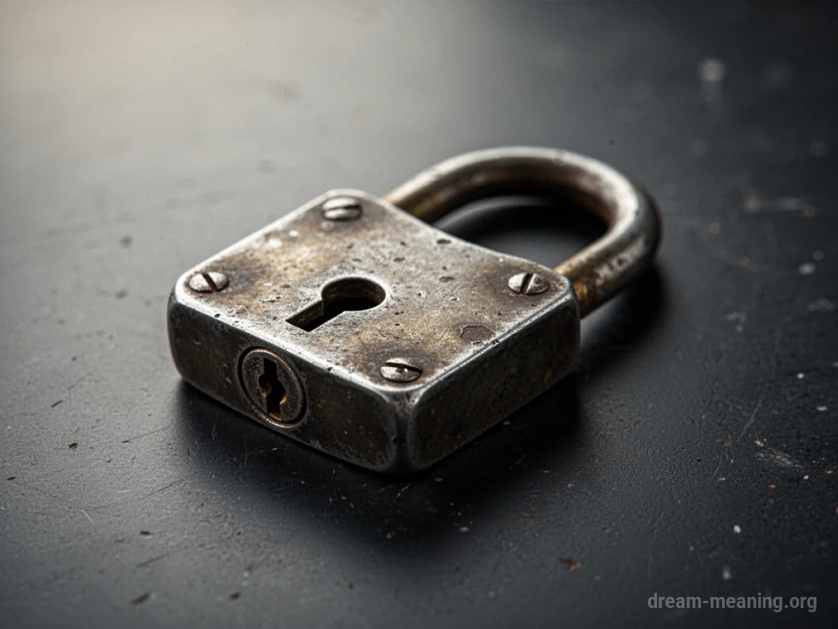 An isolated metal lock resting on a dark, textured surface.