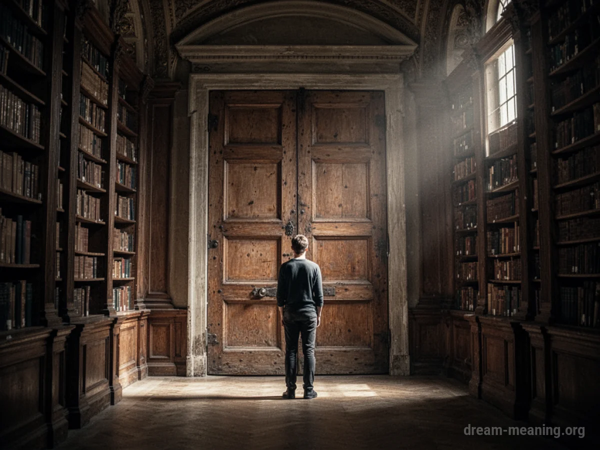 A person stands inside a large, dark library facing a closed door.