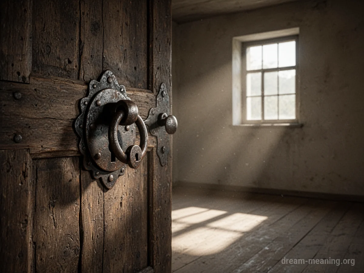 A closed wooden door with a visible lock and a sliver of light coming from a small window.