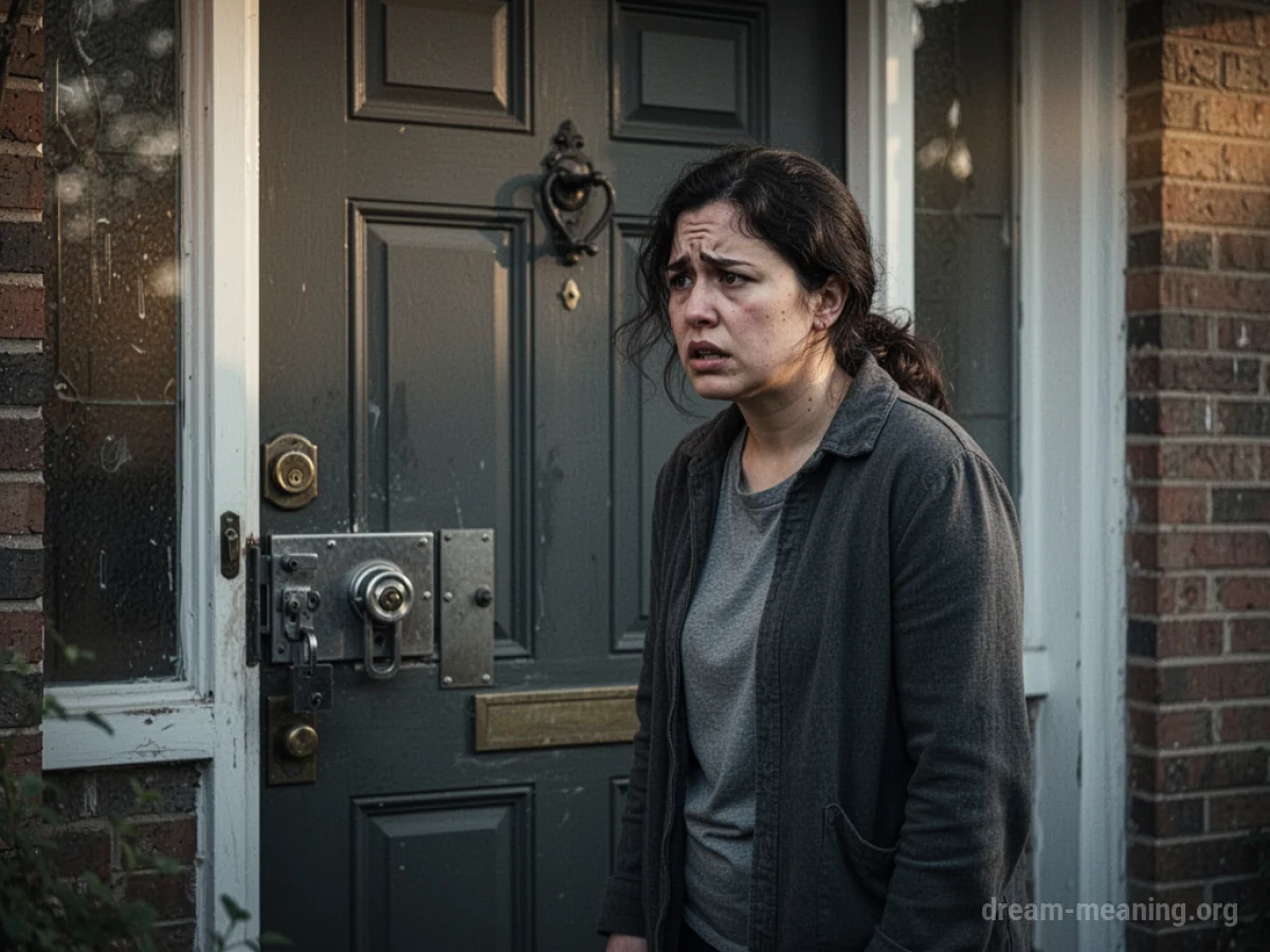 Person standing outside a closed house door.