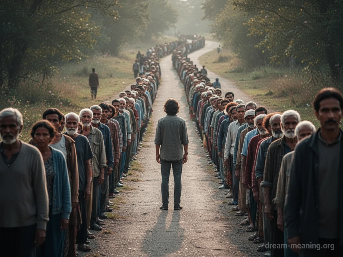 A long queue of varied individuals stretching far into the horizon.