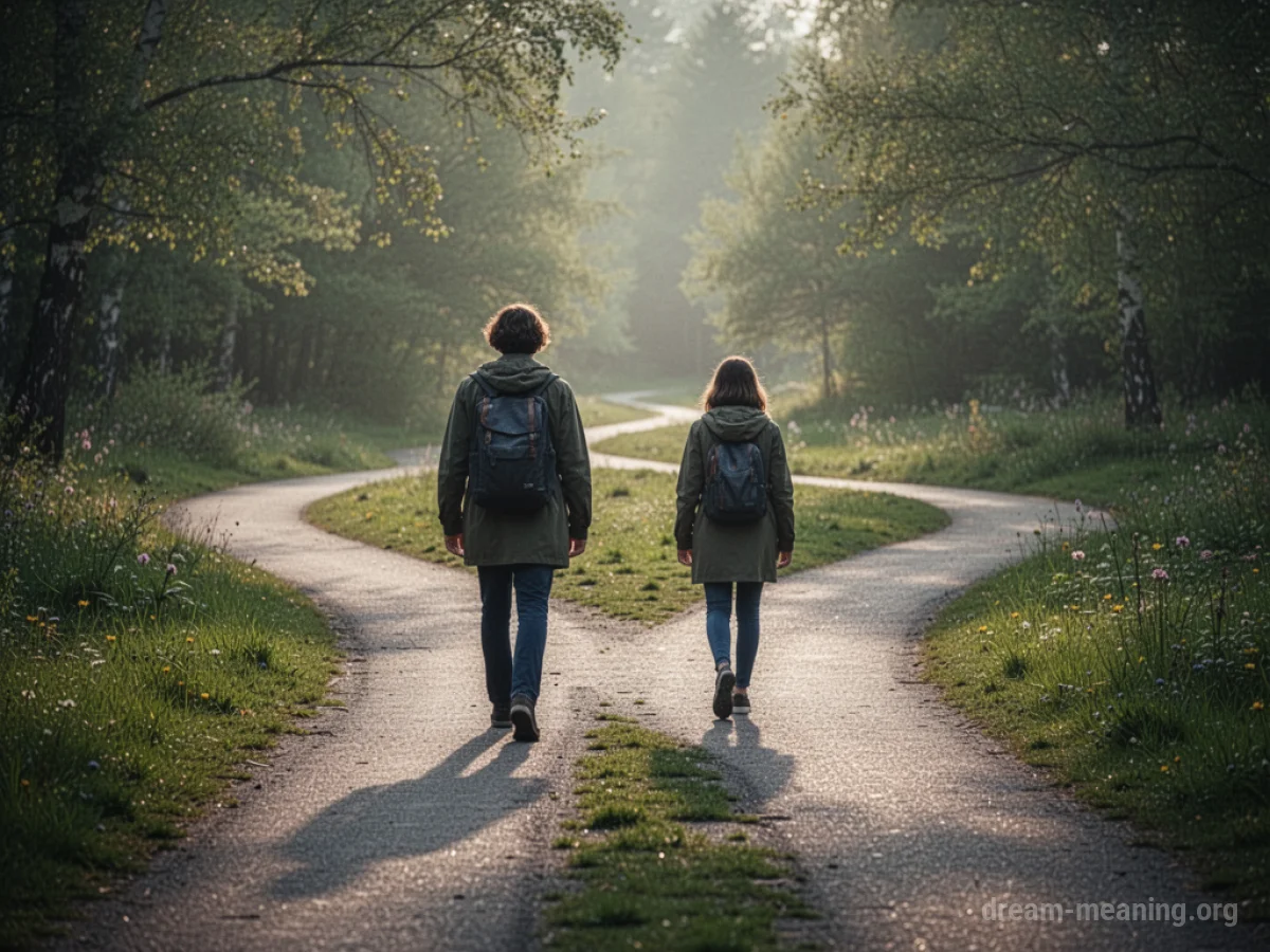 Two silhouetted figures walking away from each other on a diverging path.
