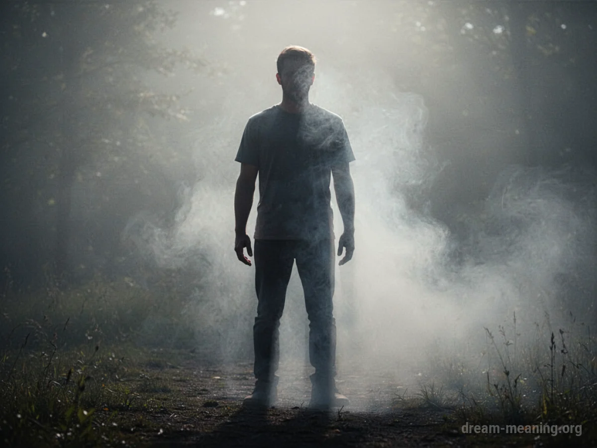 Silhouette of a person with one arm dissolving into fog.