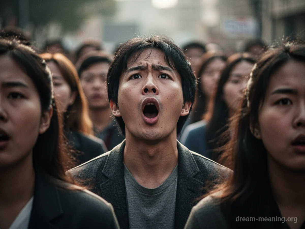 A person's mouth is open in a silent scream while surrounded by indistinct figures.