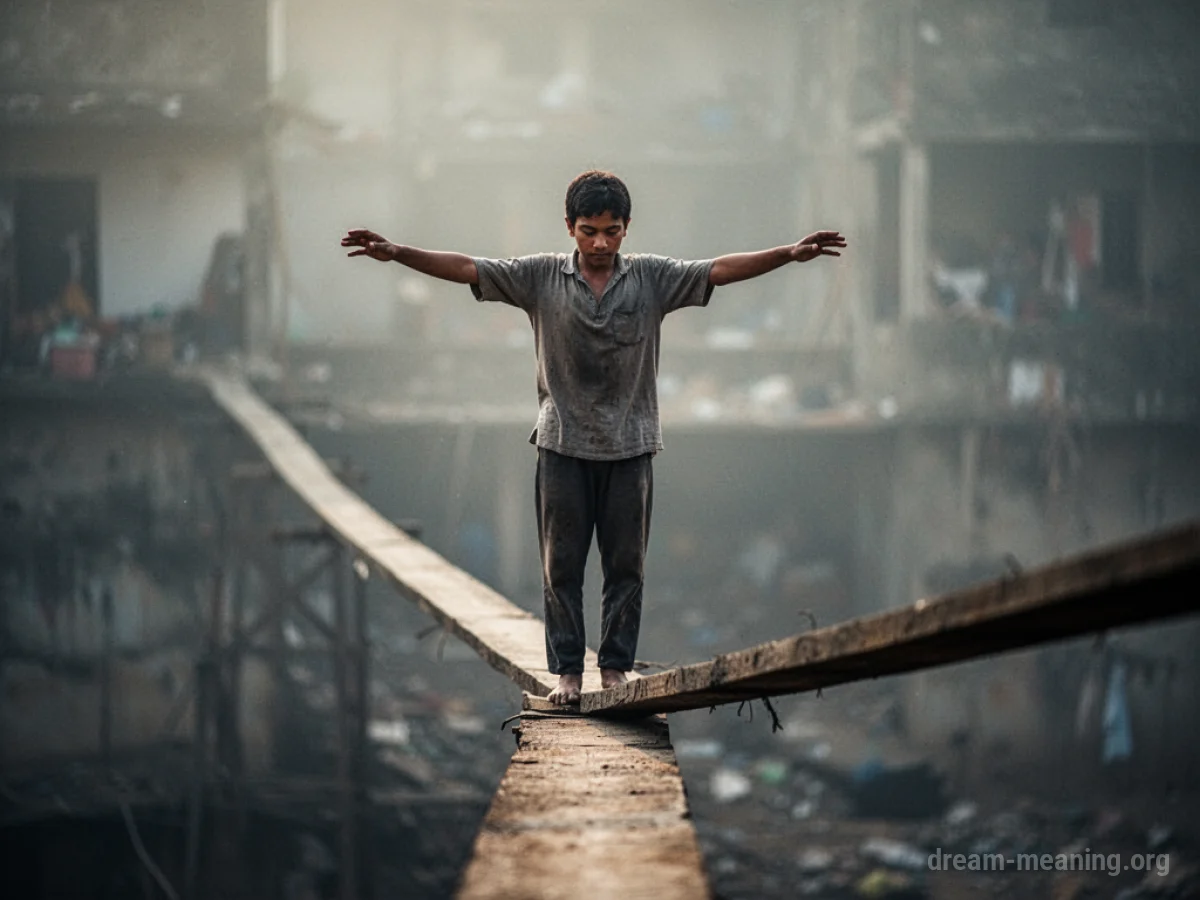 A person balancing on a narrow beam.