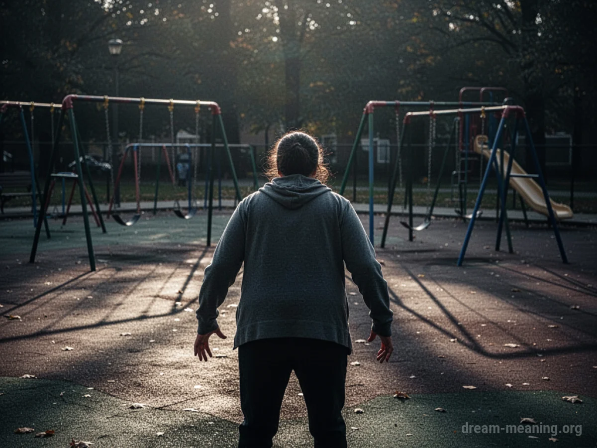 A parent stands alone in a dimly lit park, looking around with distress.