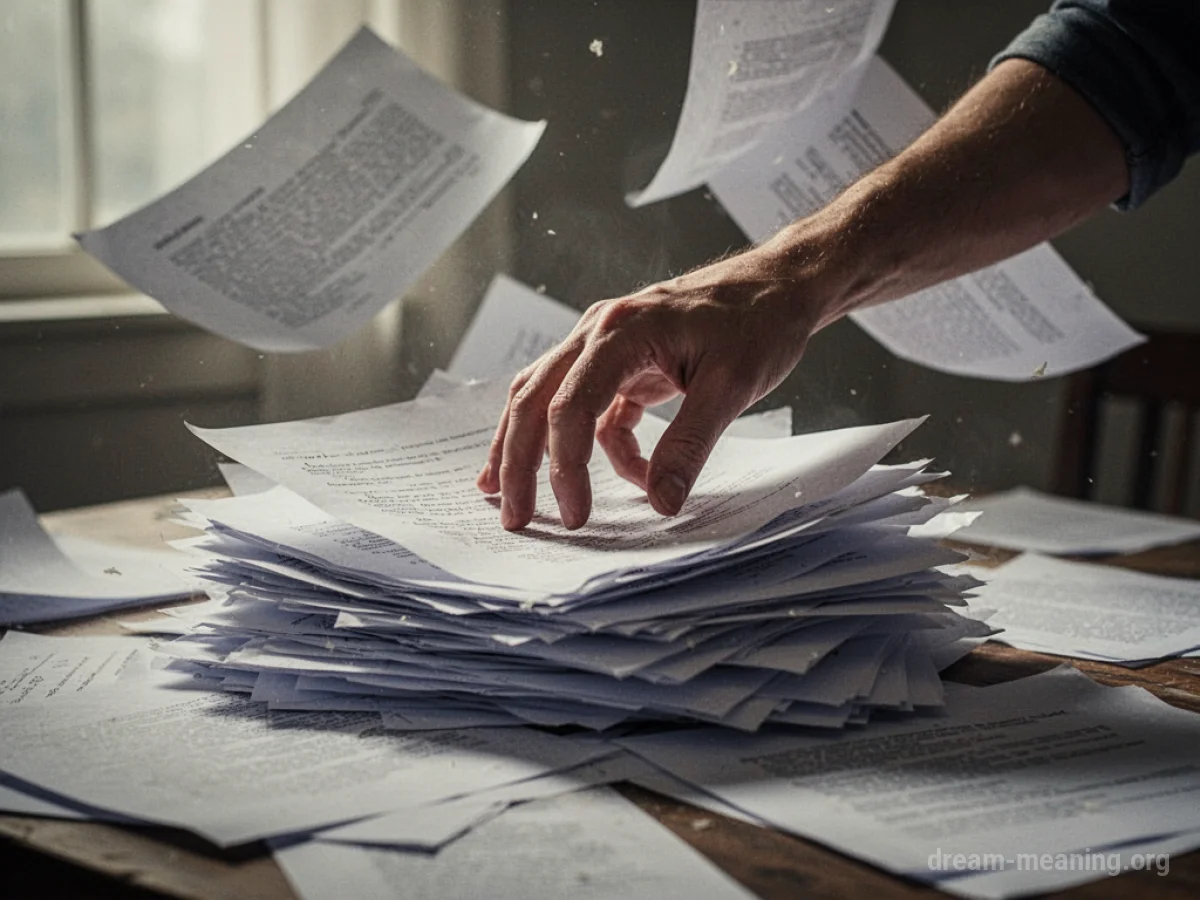 A person's hands dropping loose papers.