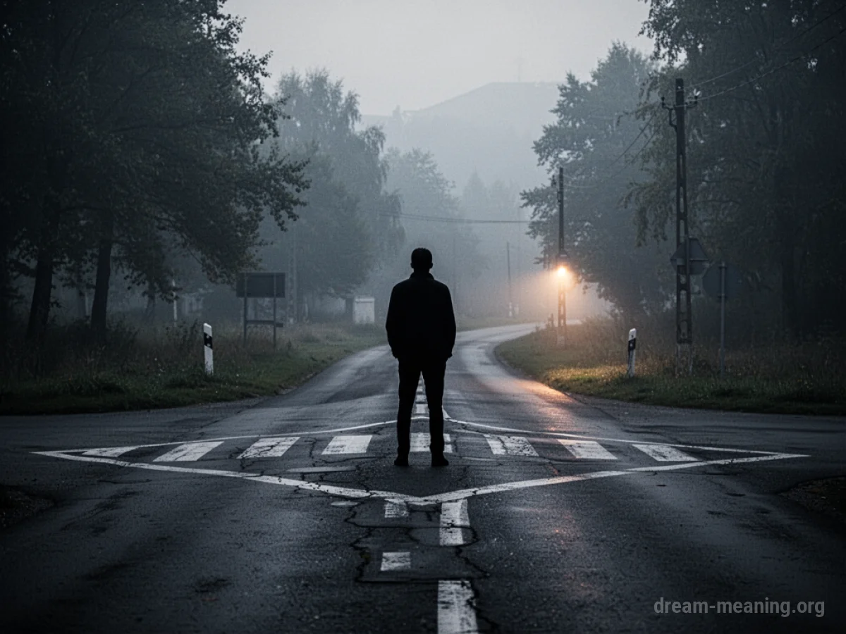 A silhouetted figure stands at a crossroads with a fading light.