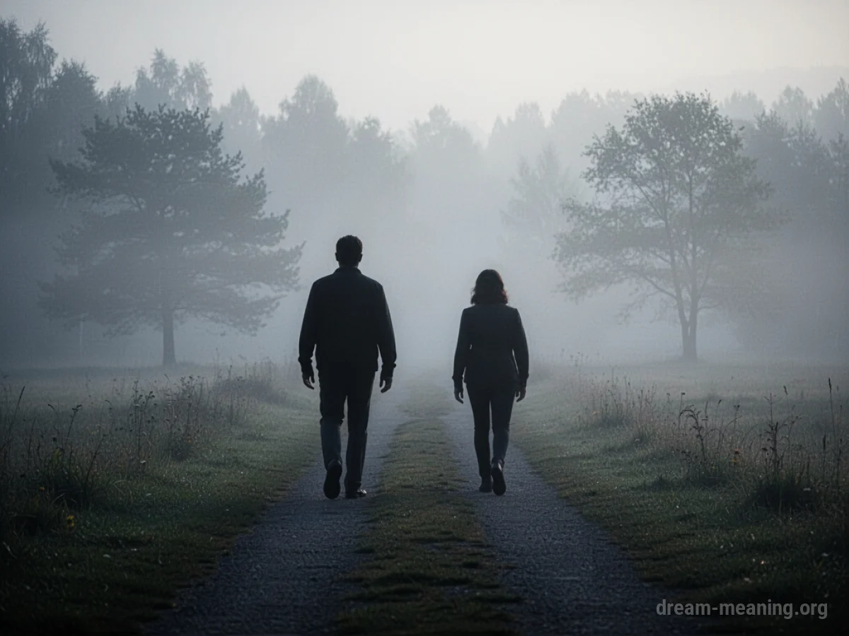 Two distant silhouettes facing away from each other on a path.