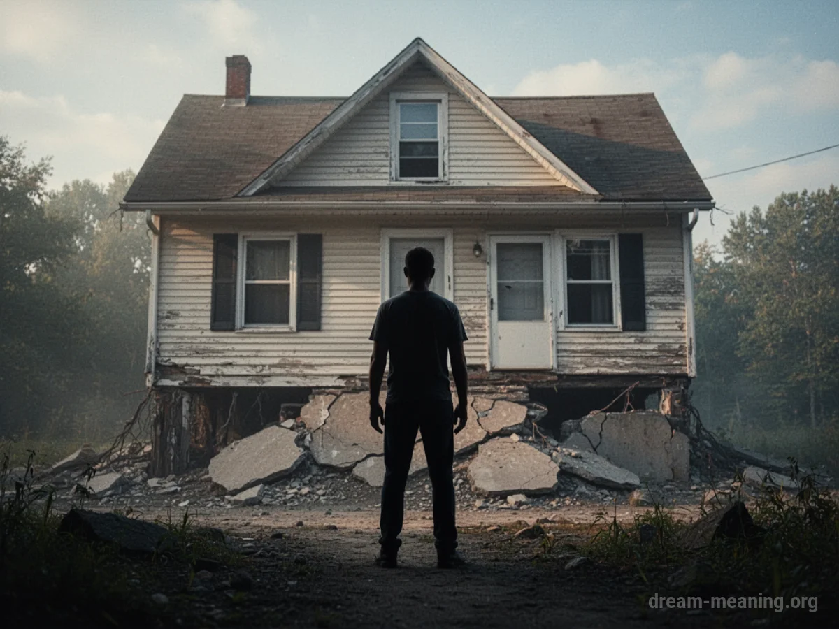 A person's silhouette stands before a house with visible damage to its base.