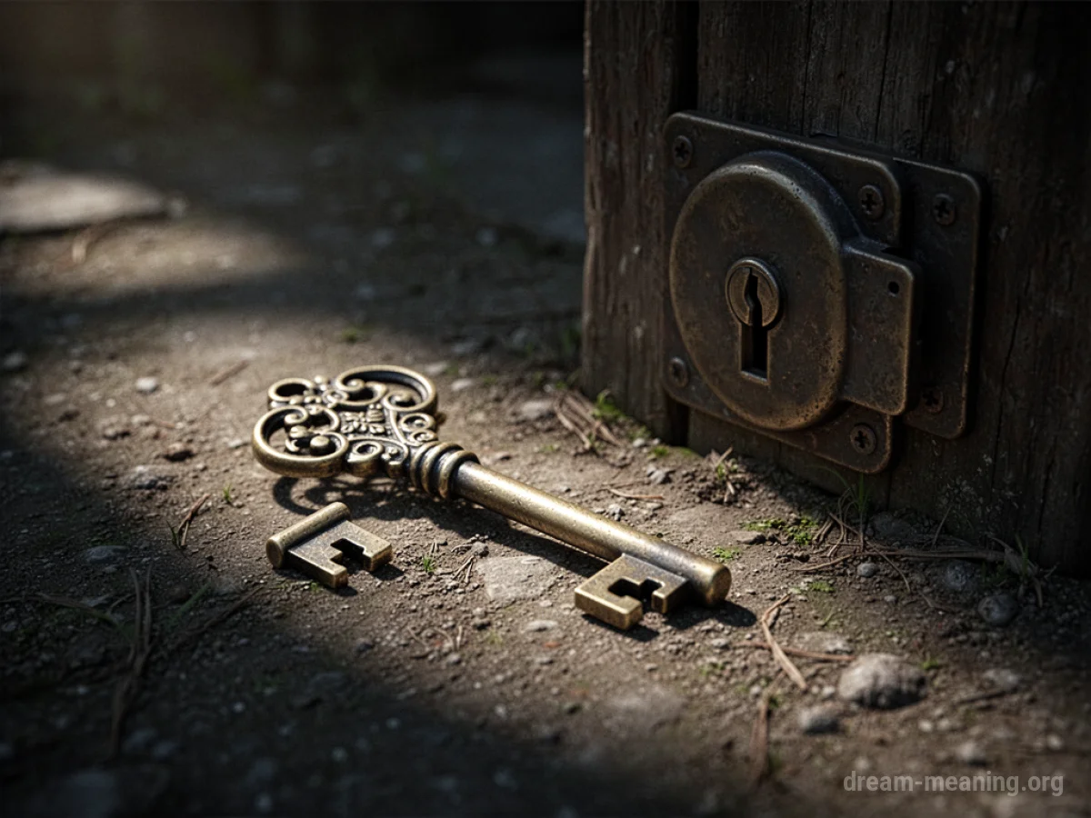 A key resting on the ground in front of a metal lock.
