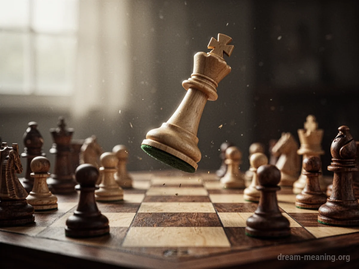 A king chess piece tipping and falling from a raised square on a chessboard.