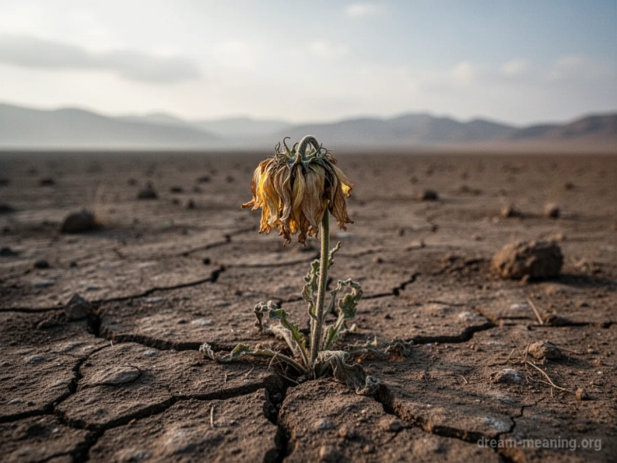 A single wilting flower in a desolate landscape.