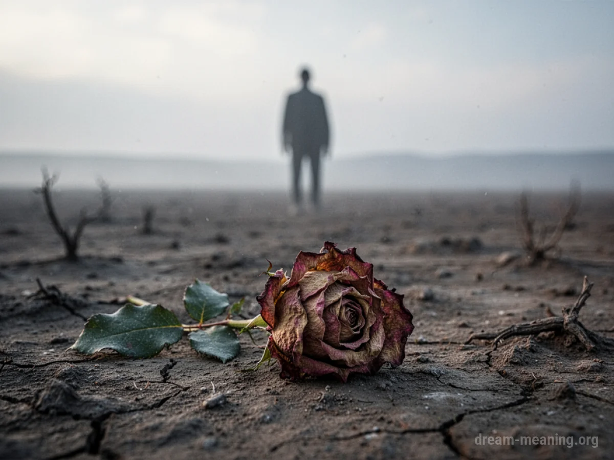 A single wilting rose on a desolate ground with a faint silhouette figure in the distance.