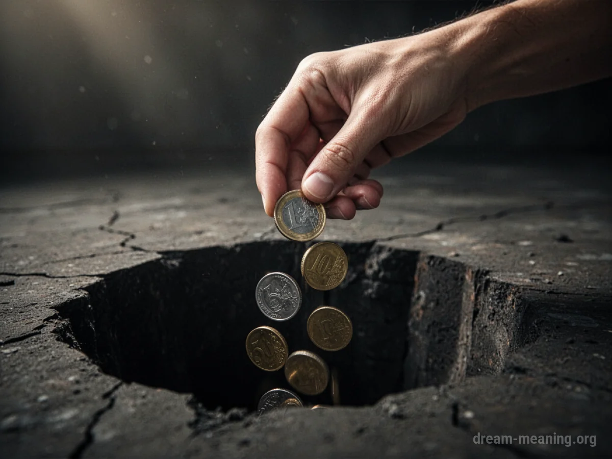 Coins falling from a hand into a dark void.
