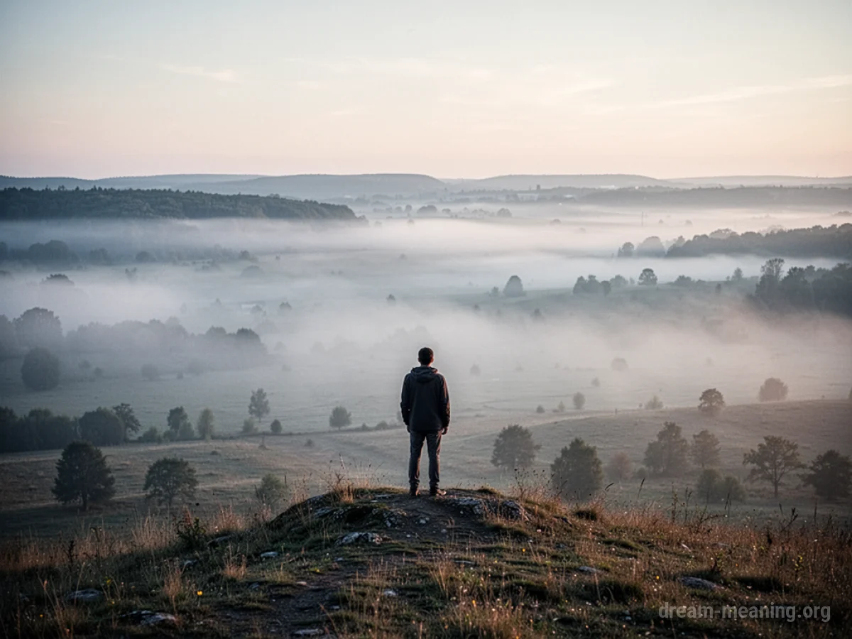 A single person standing alone in a foggy, expansive natural setting.