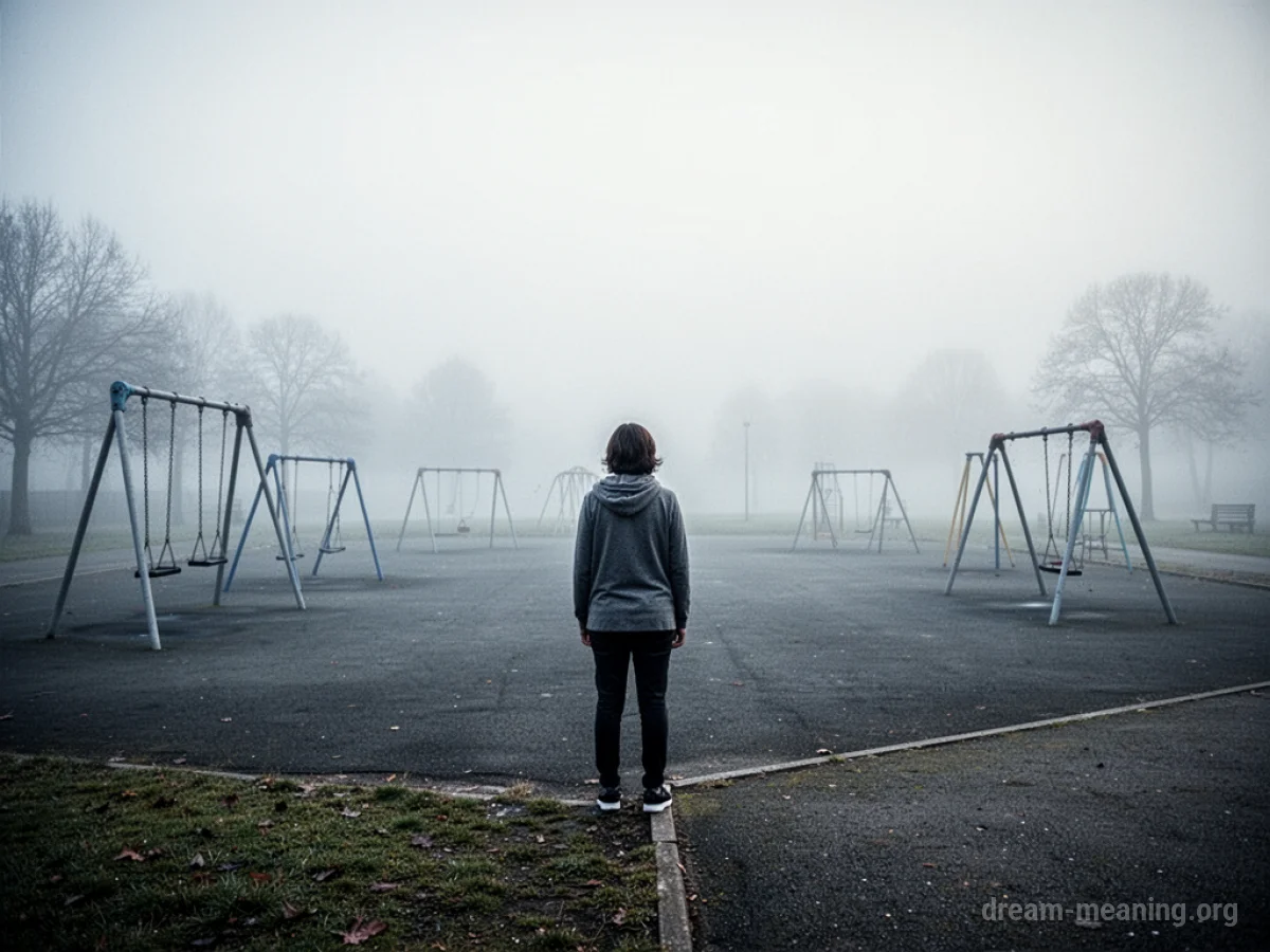 A solitary figure stands at the edge of an empty playground, gazing into a misty distance.