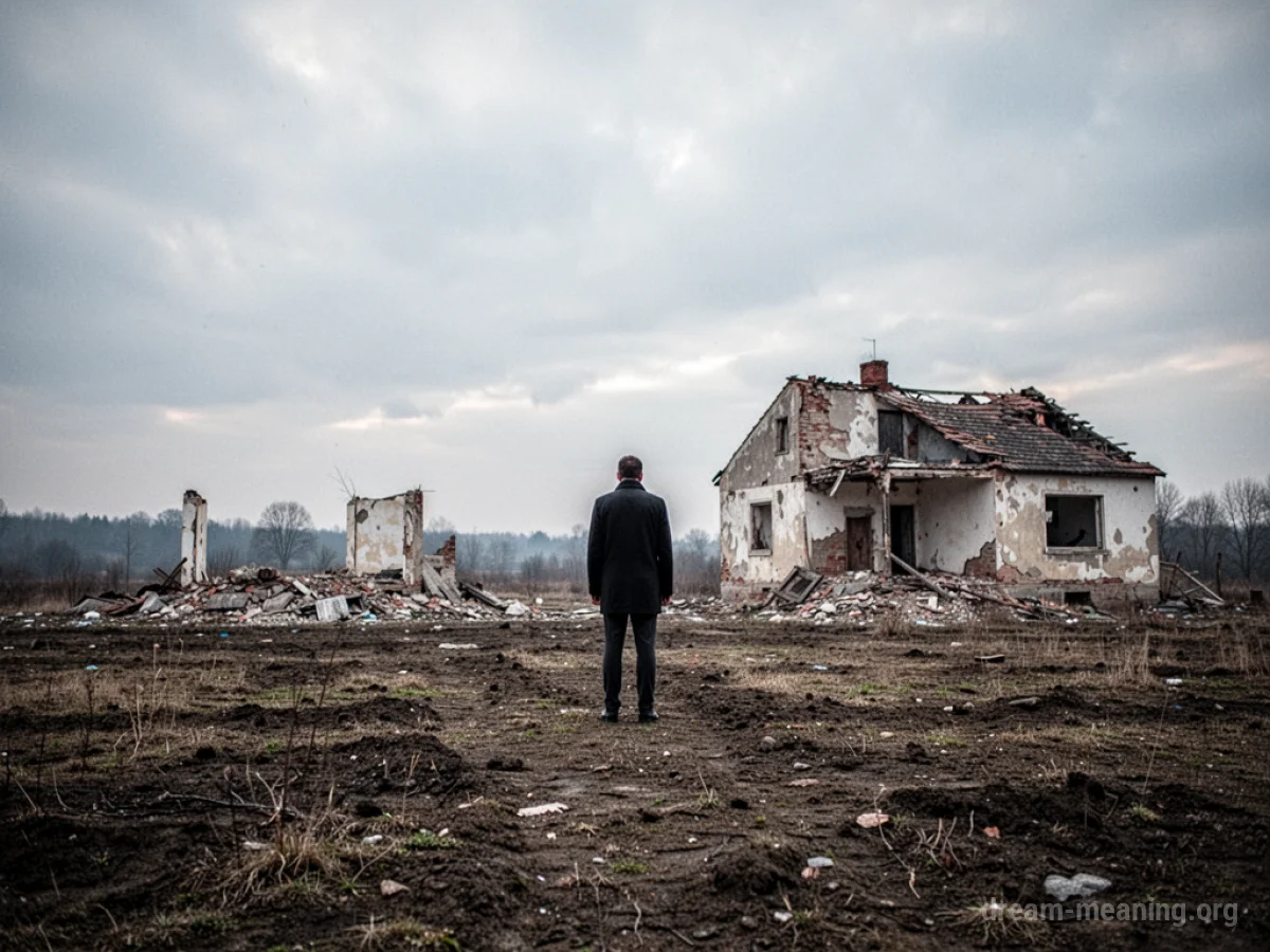 A person standing in an empty space where a house used to be, under a cloudy sky.