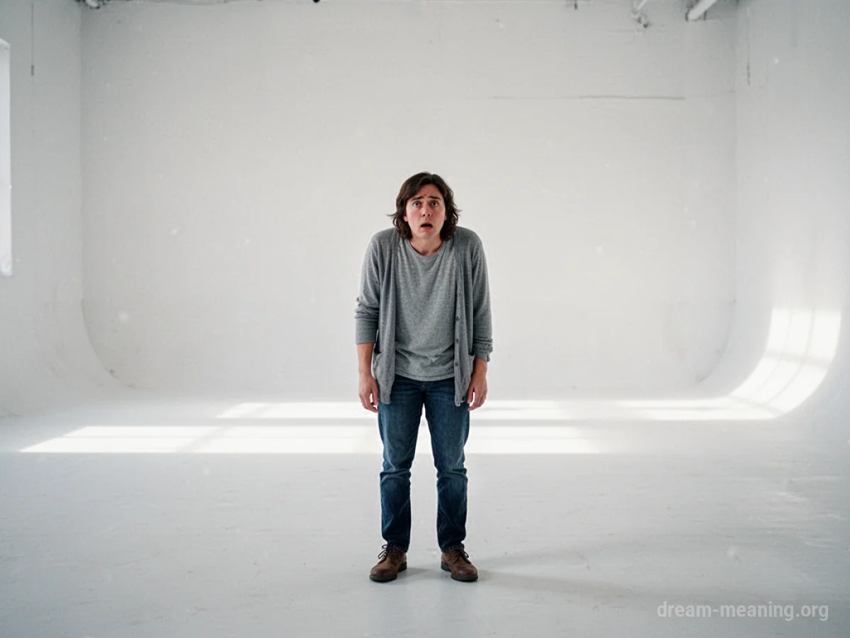 A person stands alone in a featureless white void.
