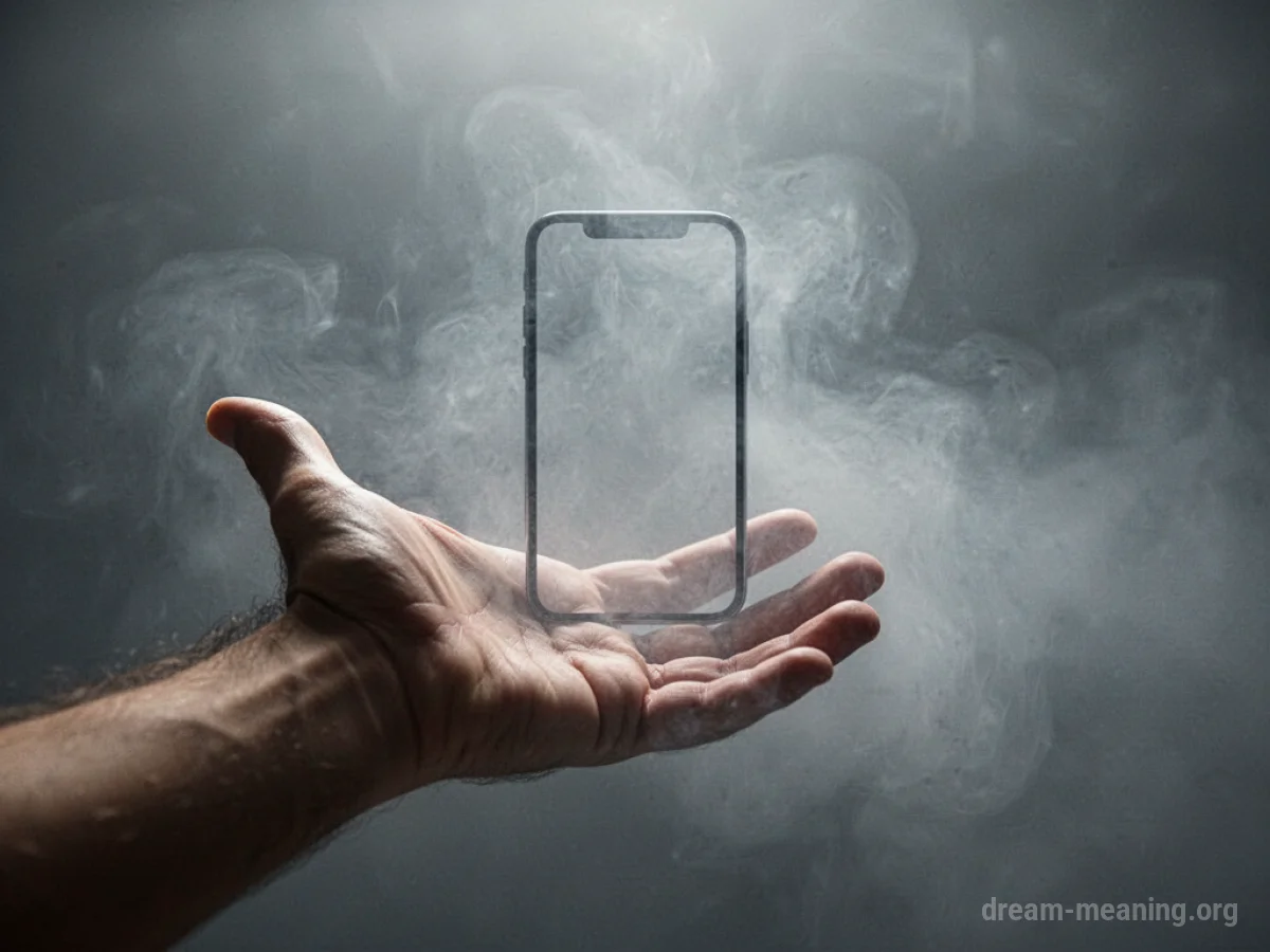 An outstretched hand with an empty palm, a ghostly smartphone shape fading into fog.