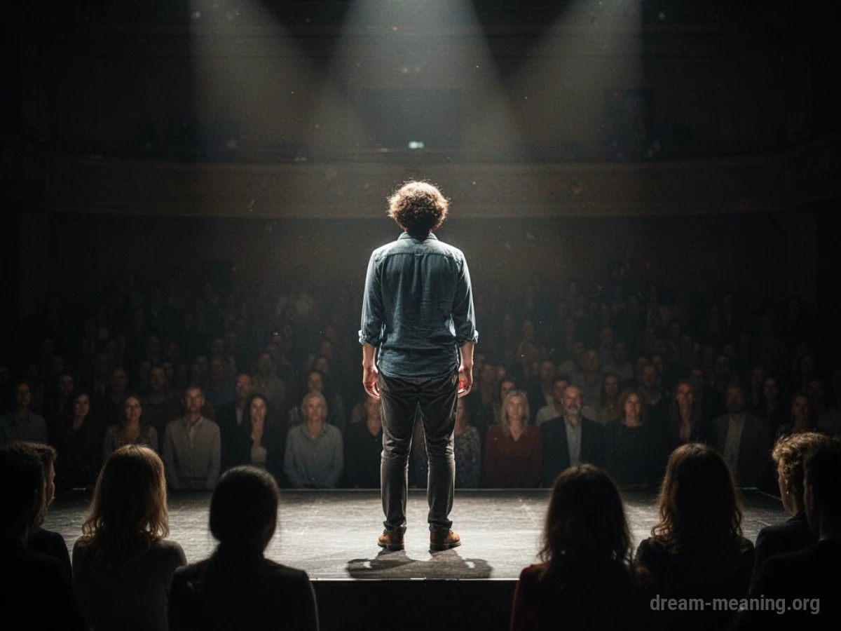 A lone figure on a stage with shadowy observers.