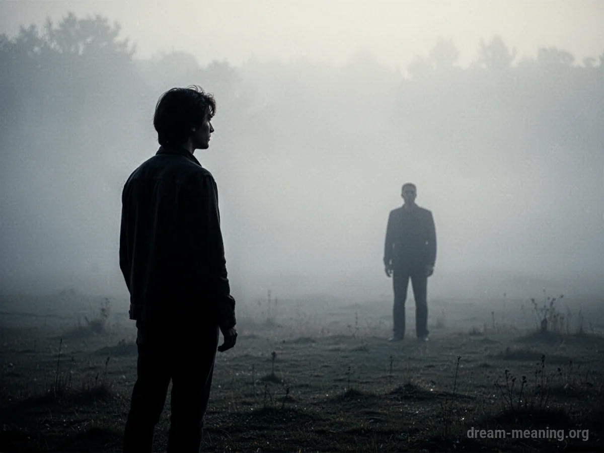 Silhouette of one person standing alone, looking at a fading silhouette of another person in a misty landscape.