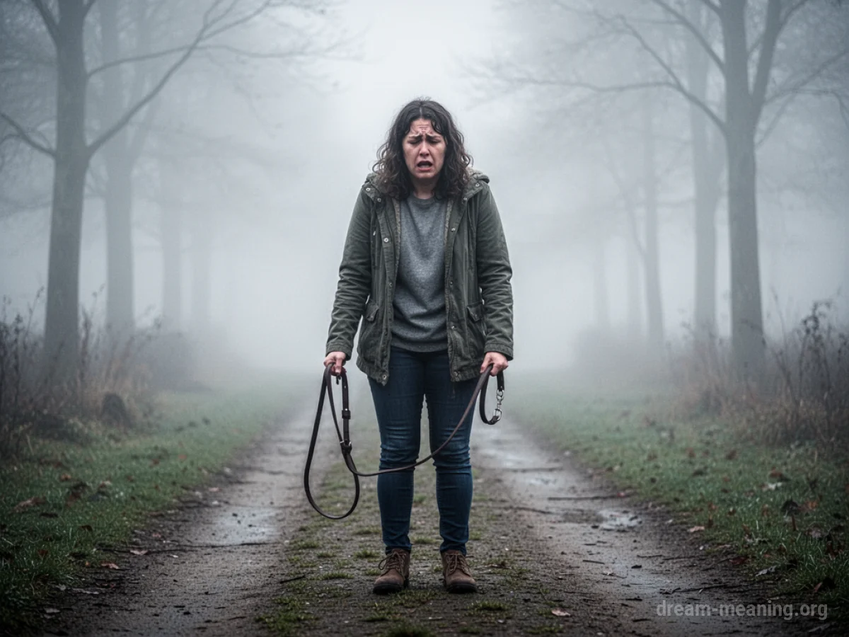 A person stands on a path holding an empty leash.