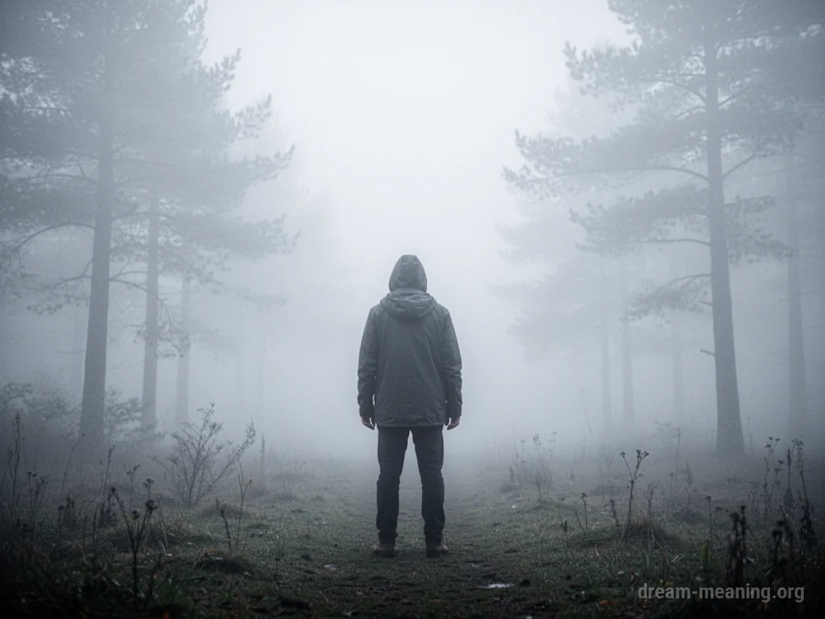 A silhouette of a person standing in thick fog.