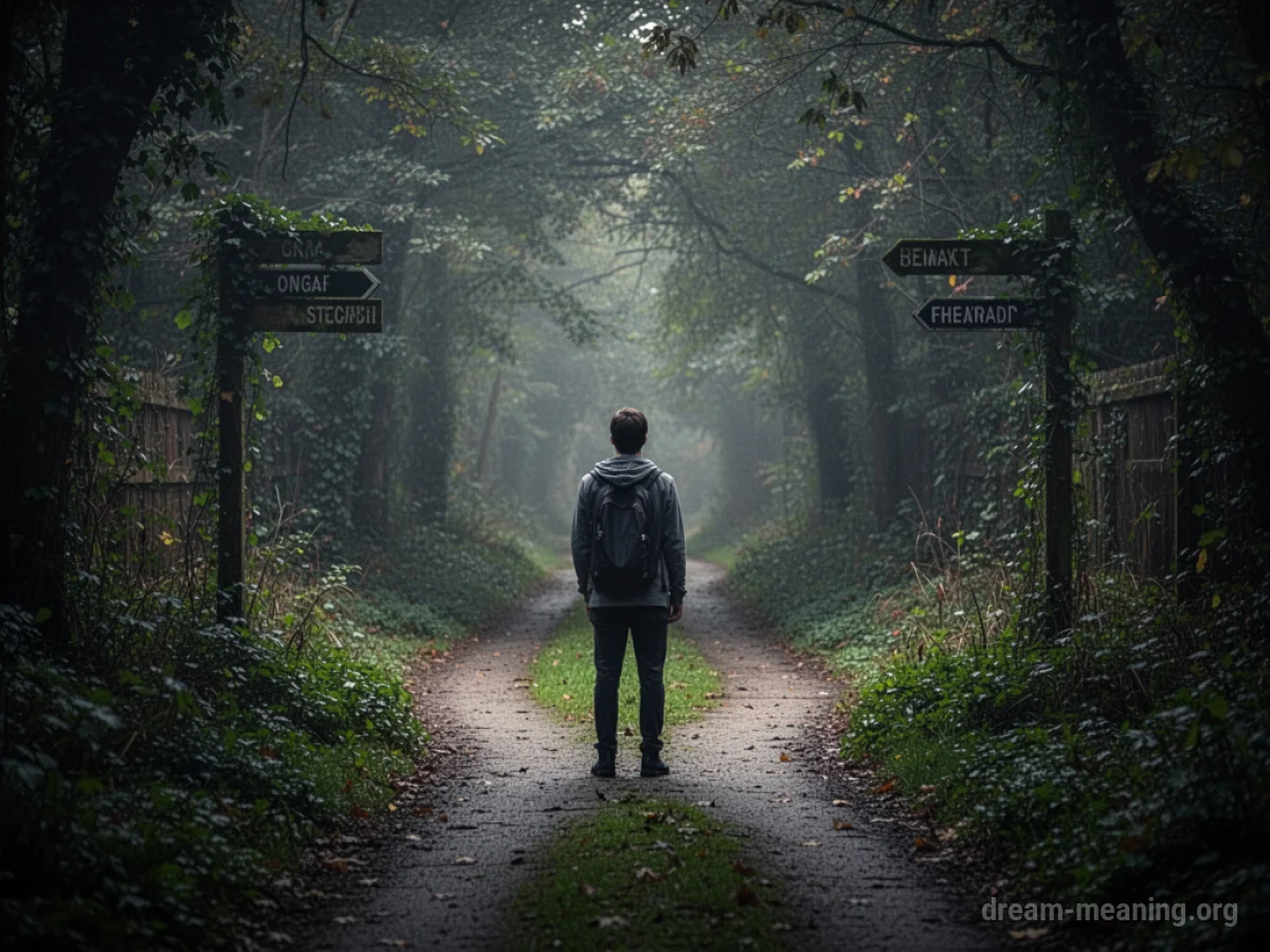 A person at a crossroads in a dark, overgrown path.