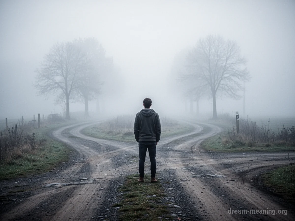 A person at a foggy crossroads with several paths.