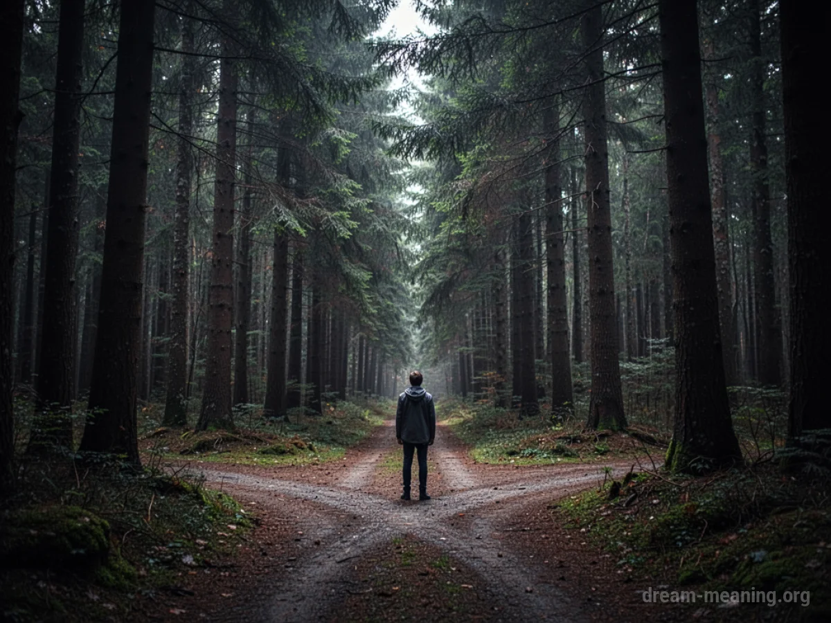 A person stands at a branching path in a dense forest.
