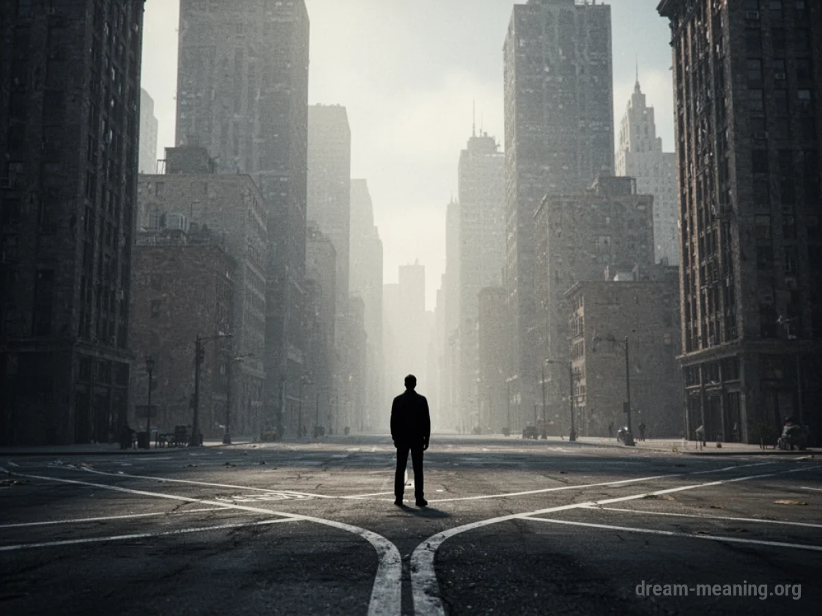 A person standing at an intersection in a large, empty city.