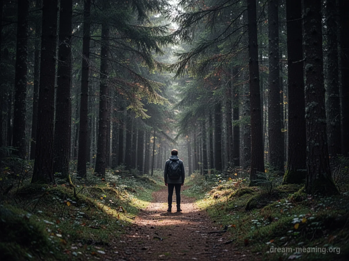 A person standing at a fork in a path within a dense, dark forest.