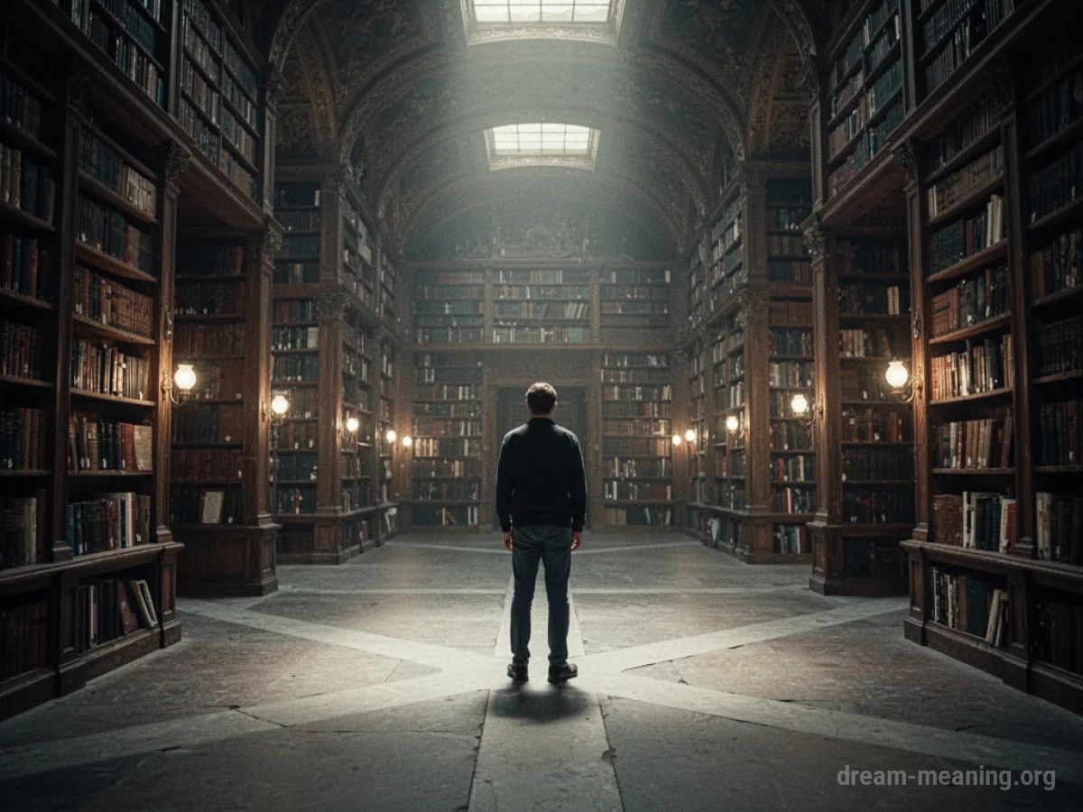 A person stands at a junction of aisles in a vast library.