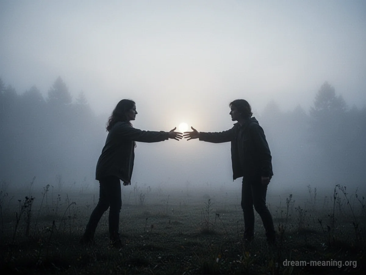 Two silhouetted figures reaching out to each other in a misty landscape.