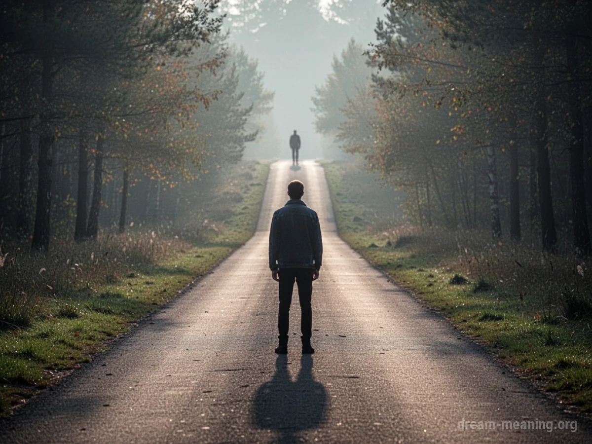 A single person on a path, watching a distant figure walk away.