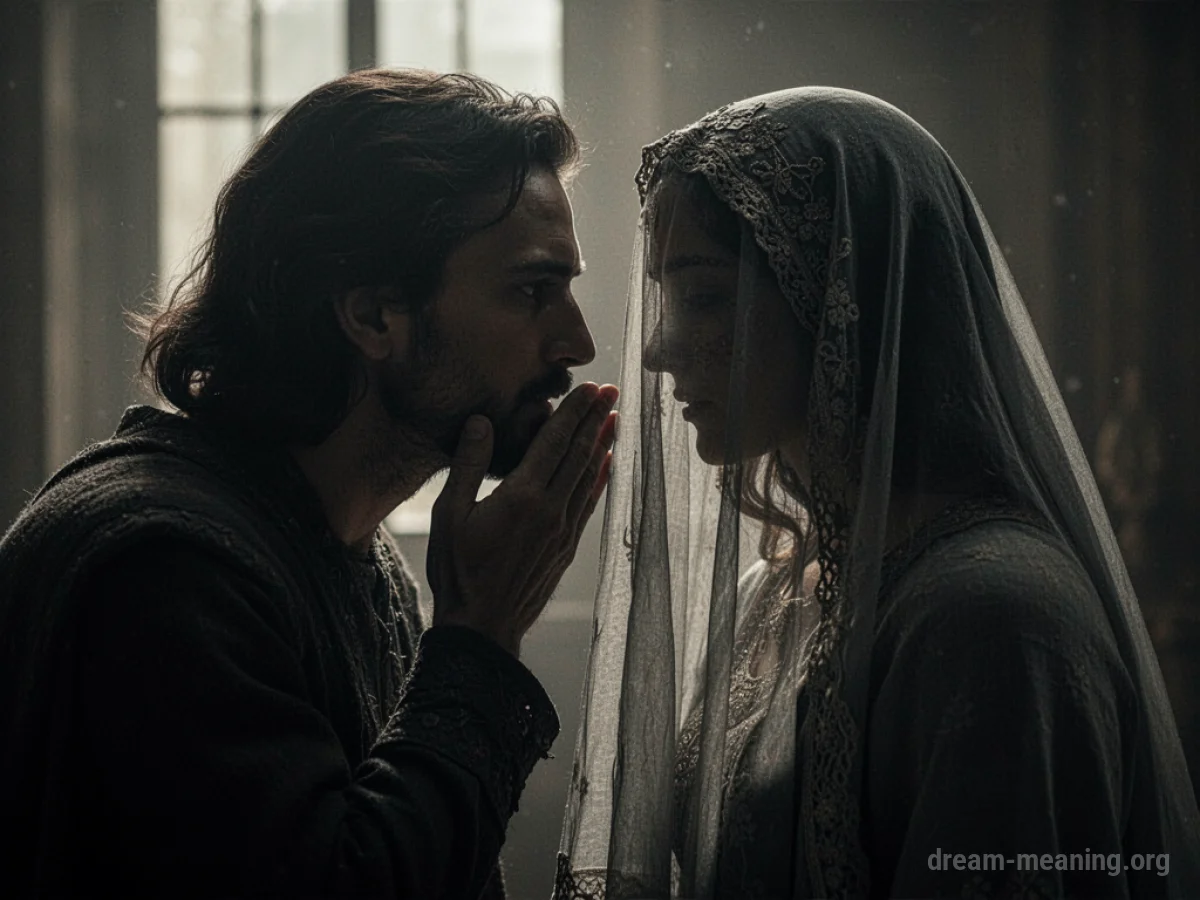 Two figures in silhouette, one whispering to the other who is veiled.