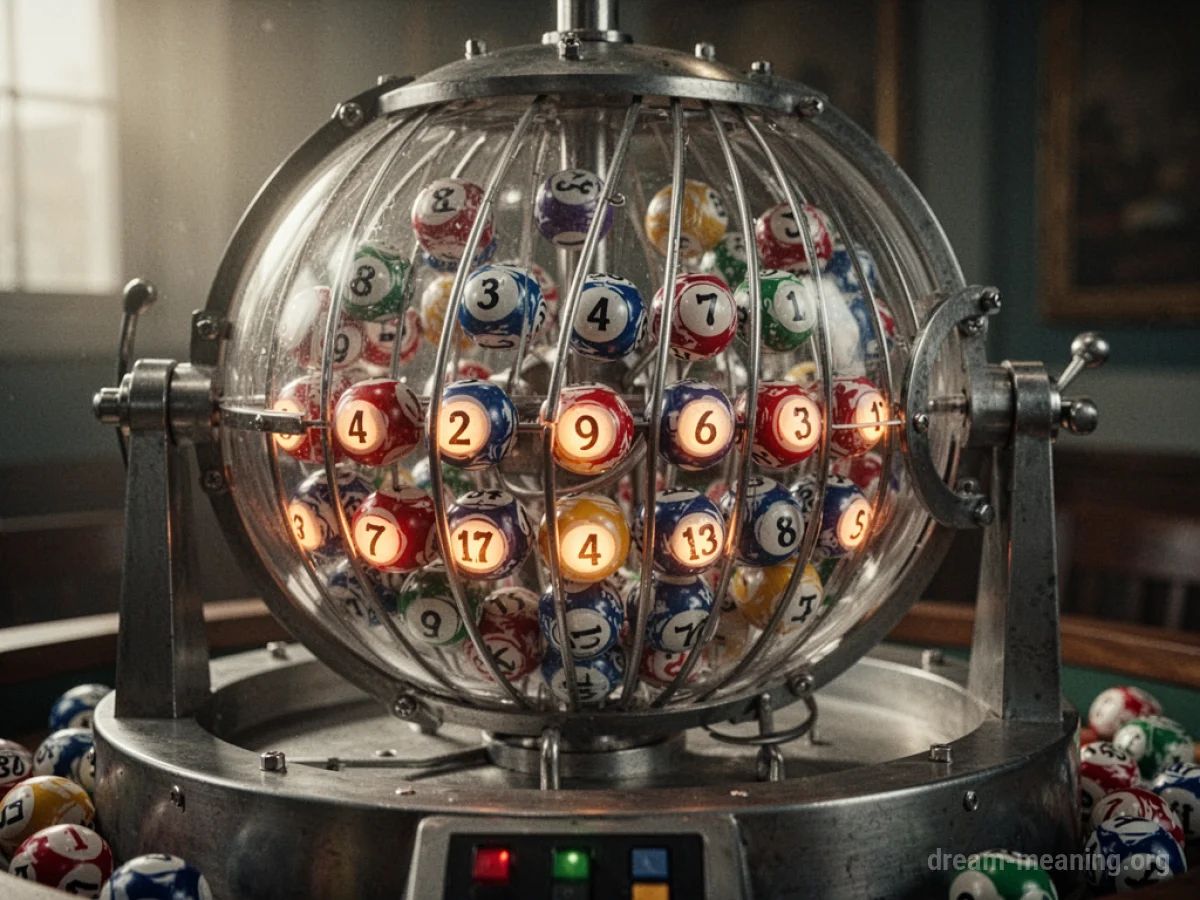 A mechanical lottery ball machine with numbered balls.
