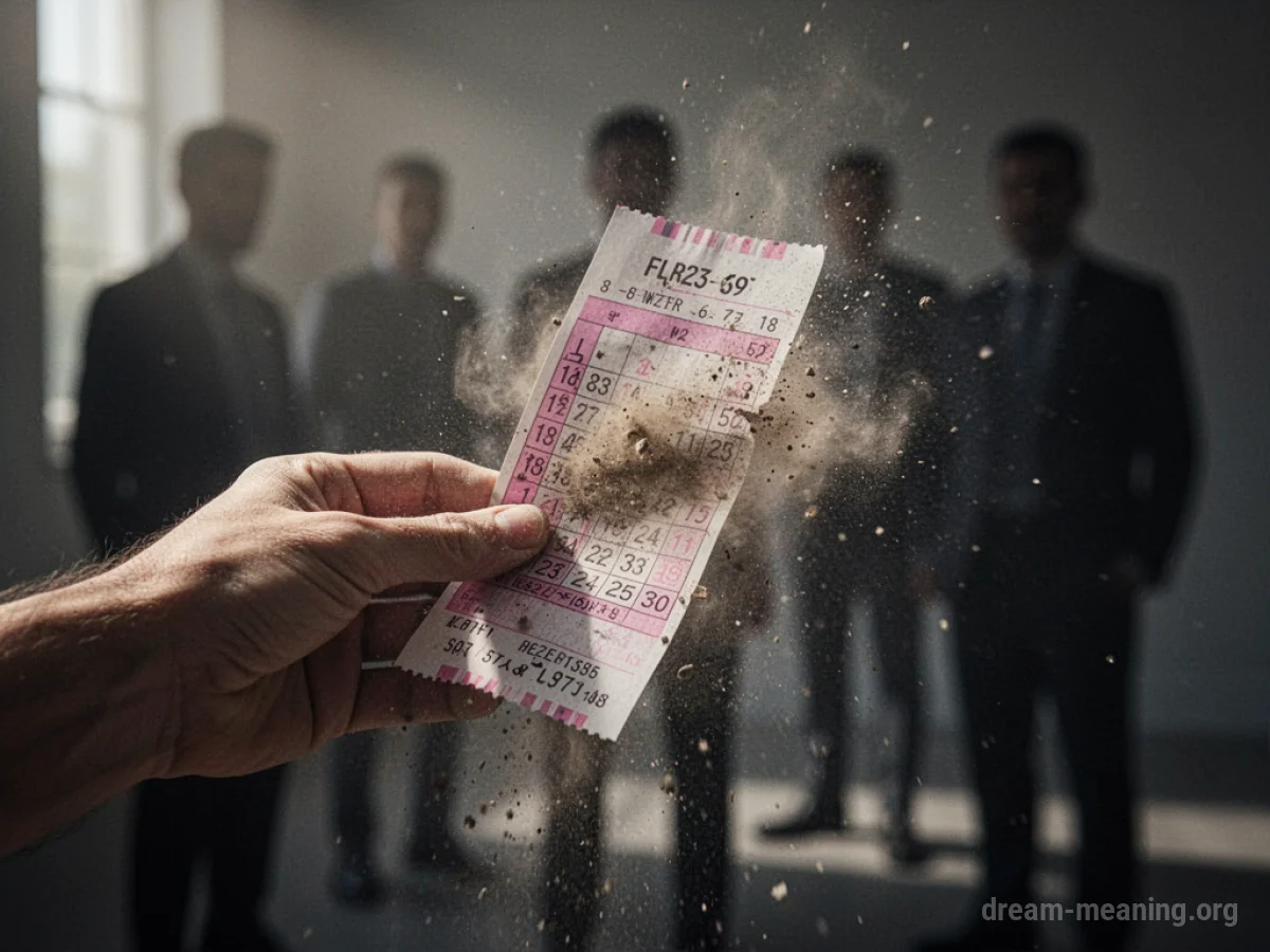 A hand holding a dissolving lottery ticket with blurry figures behind it.